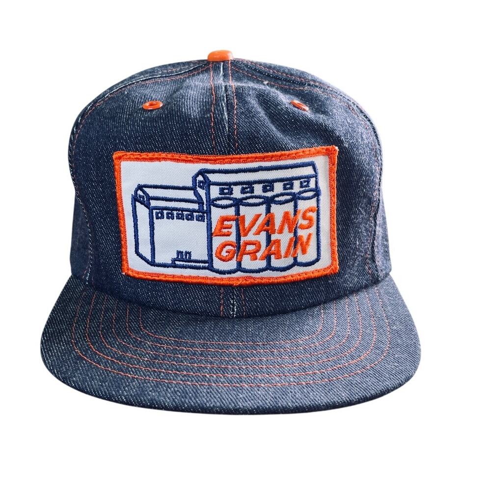 VTG Evans Grain Trucker Patch Denim Hat Cap Snap-A-Tab Deadstock